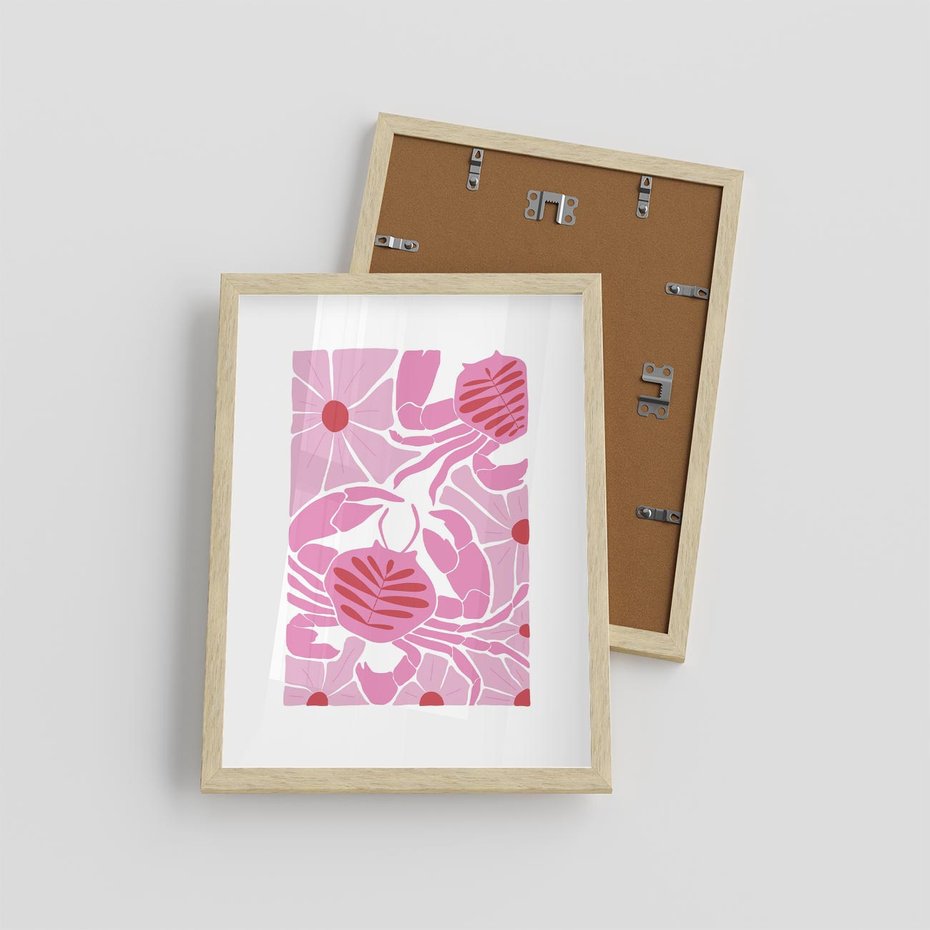 Plakat w ramie 30x40 - Roztańczone Kraby - różowe kwiaty i kraby, abstrakcyjna kompozycja - rama drewno