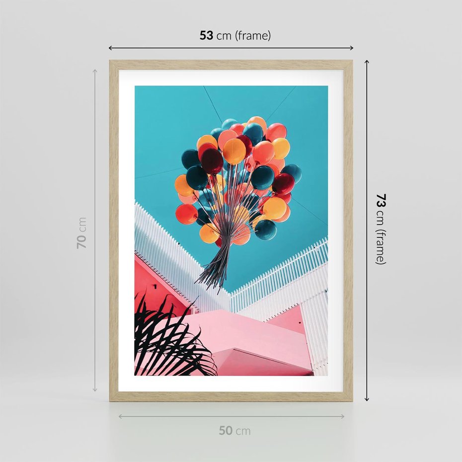 Plakat w ramie 50x70 - Kolorowe Balony Pod Niebem - kolorowe balony na tle niebieskiego nieba - rama drewno