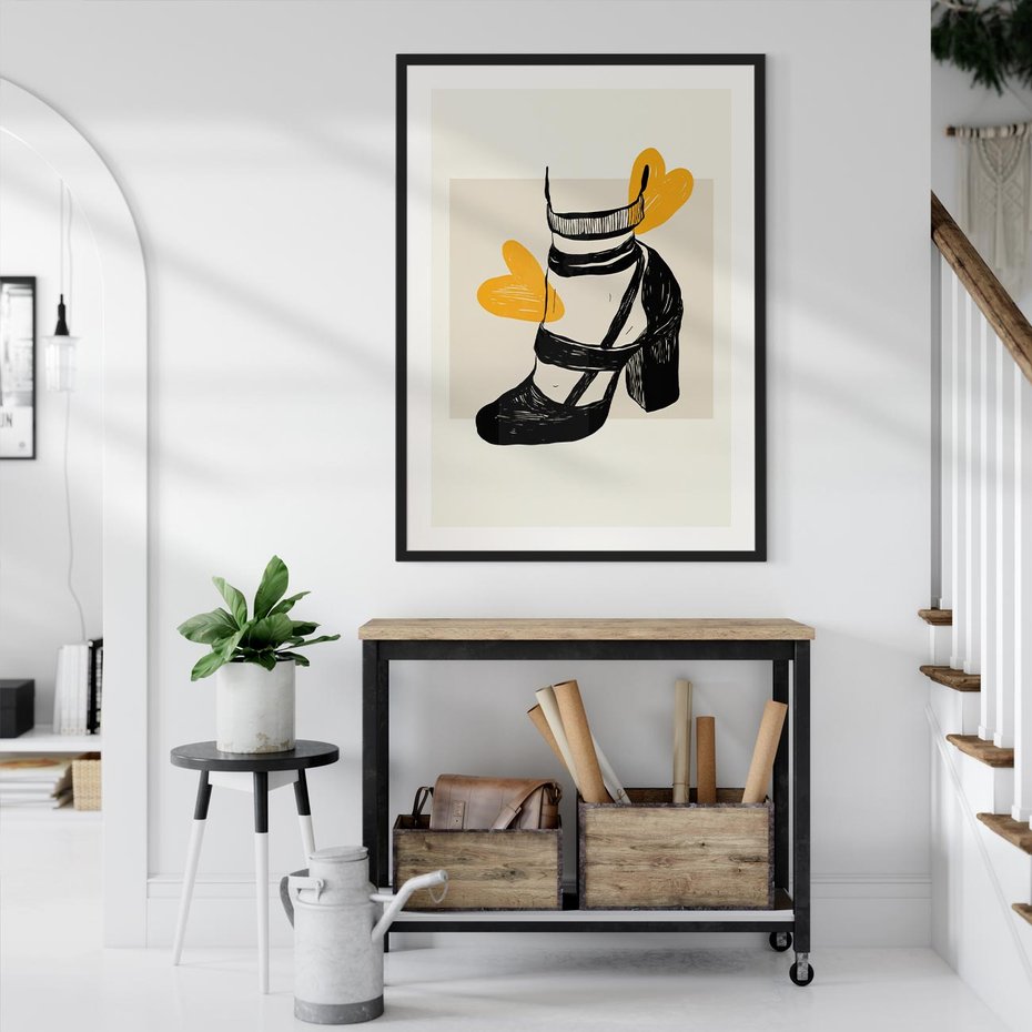 Plakat w ramie 40x50 - Elegancja w Szkicu: Stopa w Bucie na Obcasie - grafika, czarny szkic - rama czarna