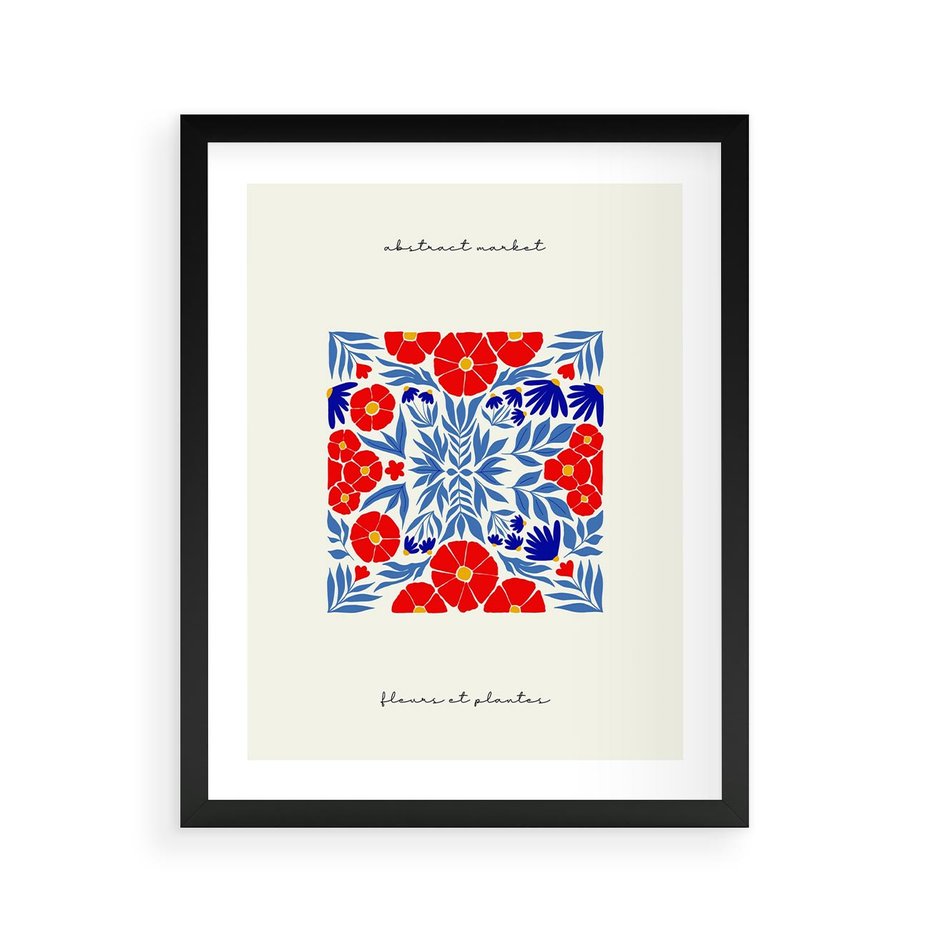 Plakat w ramie 40x50 - Tajemnicza Droga - nowoczesna kwiatowa kompozycja, czerwony i niebieski - rama czarna