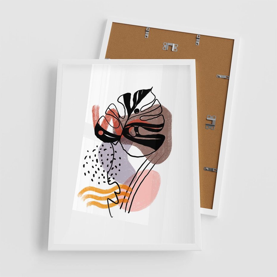 Plakat w ramie 50x70 - Wibracje Abstrakcyjnych Form - abstrakcyjna sztuka, liść monstery - rama biała
