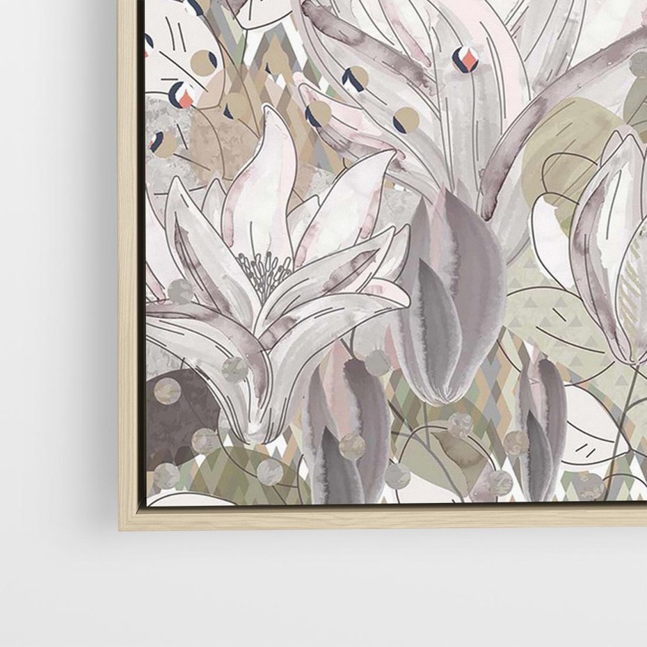 Obraz w ramie 70x50 - Pejzaże zatajonej duszy - połączenie tekstur, roślinne motywy - rama drewno