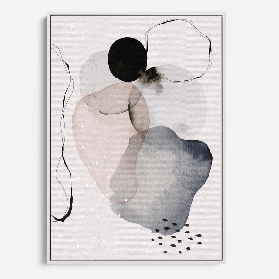 Obraz w ramie 50x70 - Migocące Barwy - abstrakcyjne plamy akwarelowe, czarny szkic - rama biała