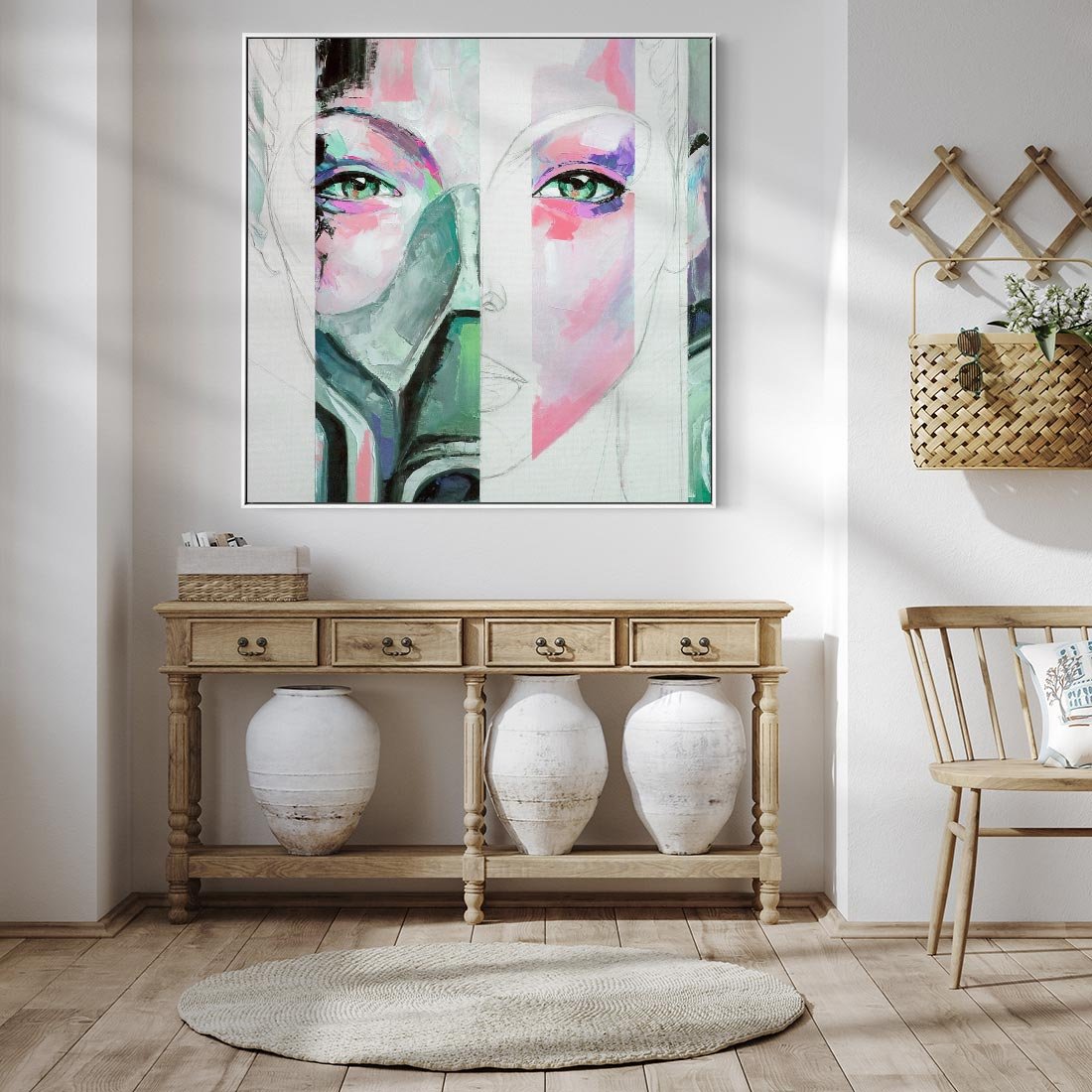 Obraz w ramie 50x50 - Niezakończona Piękność - abstrakcyjny obraz olejny, portret kobiety - rama biała
