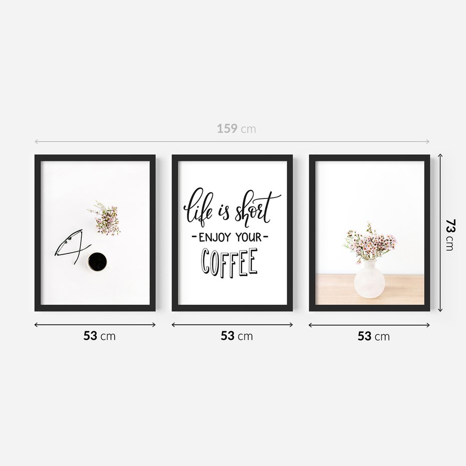 Zestaw obrazy w ramie 50x70 galeria - Kawa, kwiaty, minimalizm - rama czarna