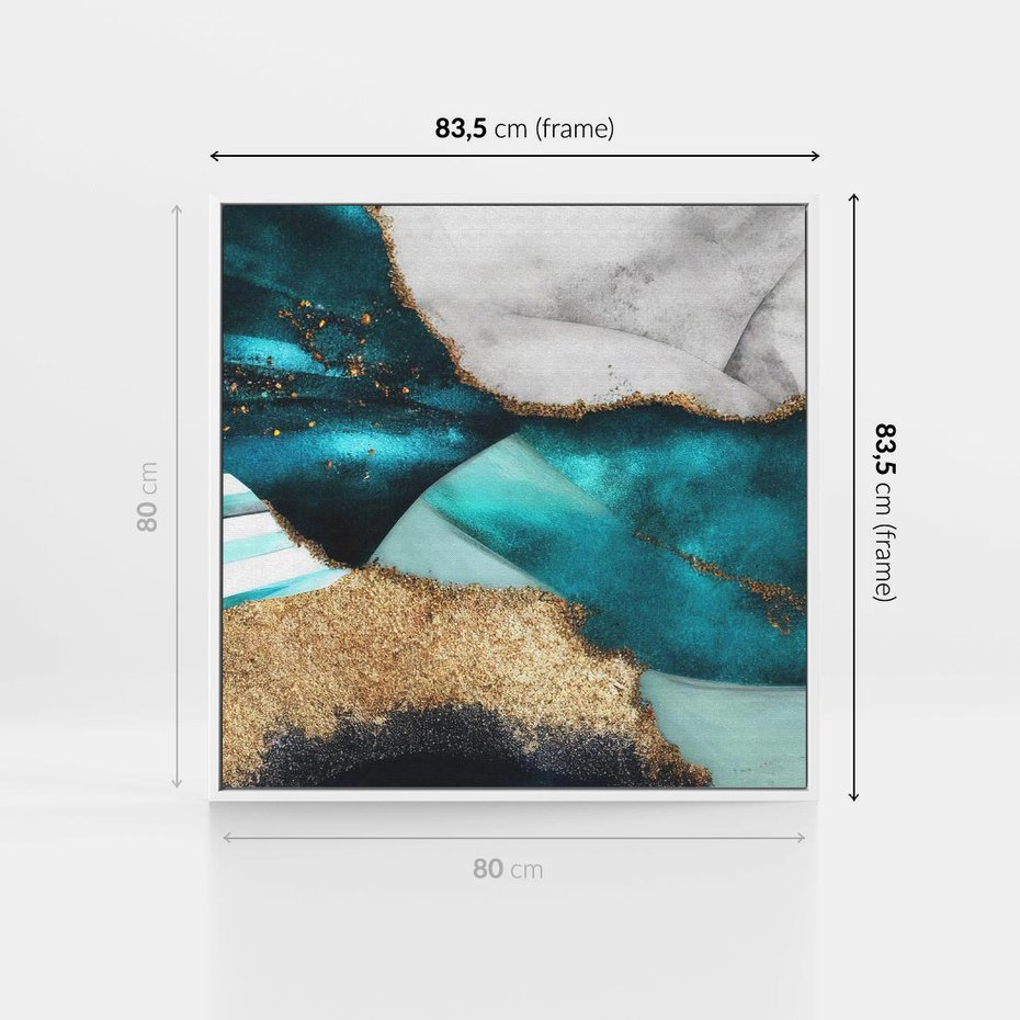 Obraz w ramie 80x80 - Rozlane Turkusy - Turkusowe plamy, złote elementy - rama biała