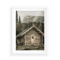 Plakat w ramie 50x70 - Urok Drewnianej Chatki w Górach - chatka w górach, drewniany domek - rama biała