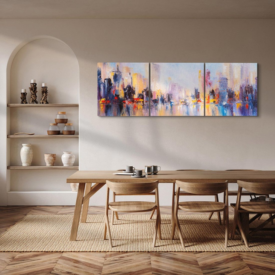 Obraz na płótnie 150x50 - Miasto Refleksji - olejna panorama miasta w oddali, wiezowce odbijają się w rzece