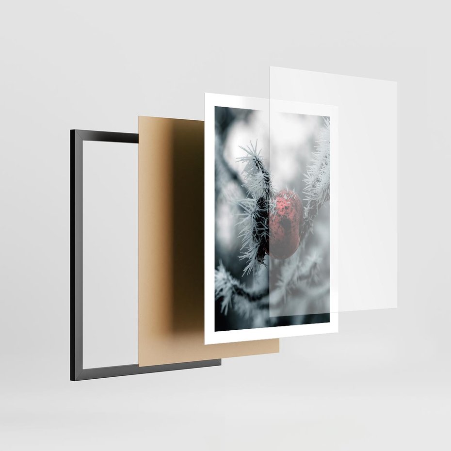 Plakat w ramie 50x70 - Chwila Zimowego Uroku - zima, ośnieżona gałązka - rama czarna
