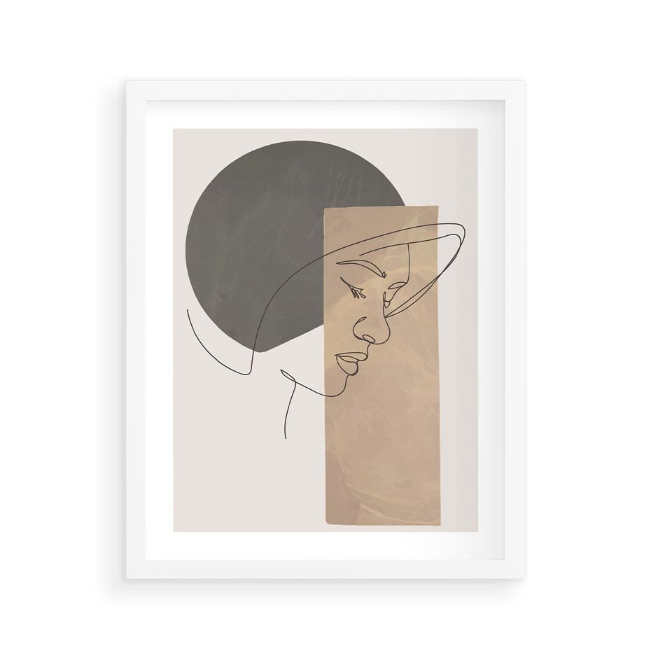 Plakat w ramie 40x50 - Jedną Linią: Kobieca Twarz - abstrakcja, plamy w tle - rama biała