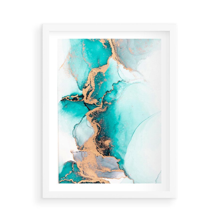 Plakat w ramie 50x70 - Elegancja i Subtelność - marmur, złoto - rama biała