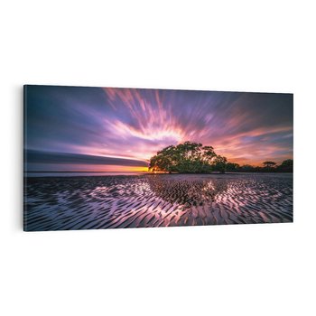 Obraz na płótnie 140x70 - Górska idylla: Domek nad strumykiem - jezioro, wyspa