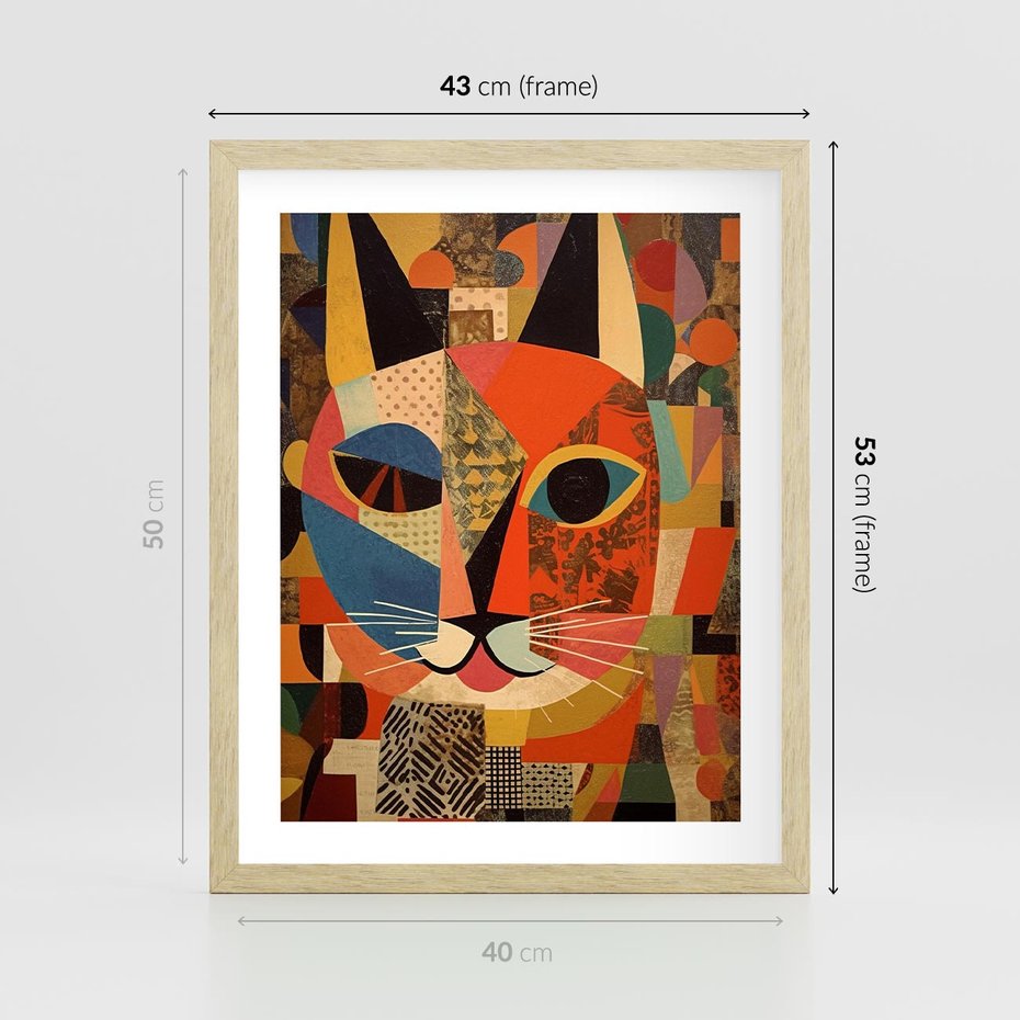 Plakat w ramie 40x50 - Impresje Nieznanych Odniesień - abstrakcyjny obraz olejny, kot - rama drewno
