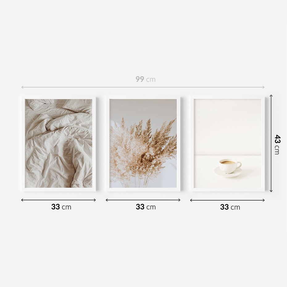 Zestaw obrazy w ramie 30x40 galeria - Kawa, pościel, boho, prostota - rama biała