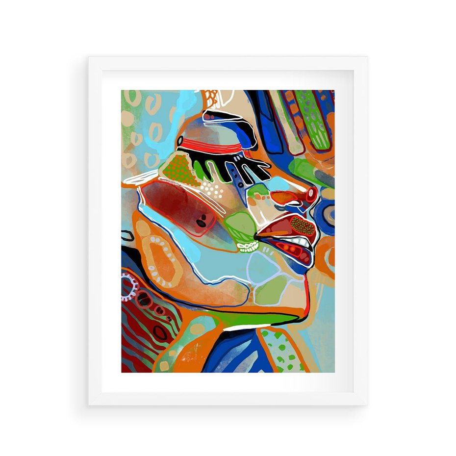 Plakat w ramie 40x50 - Kolorowe Wnętrza Kształtów - abstrakcyjny portret kobiety, twarz - rama biała