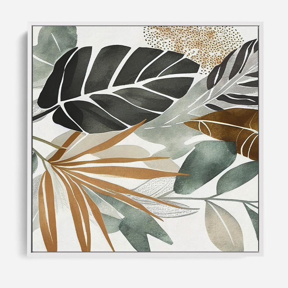 Obraz w ramie 50x50 - Współbrzmienie wewnętrznego ja - kompozycja z tropikalnych liści, stonowane kolory - rama biała