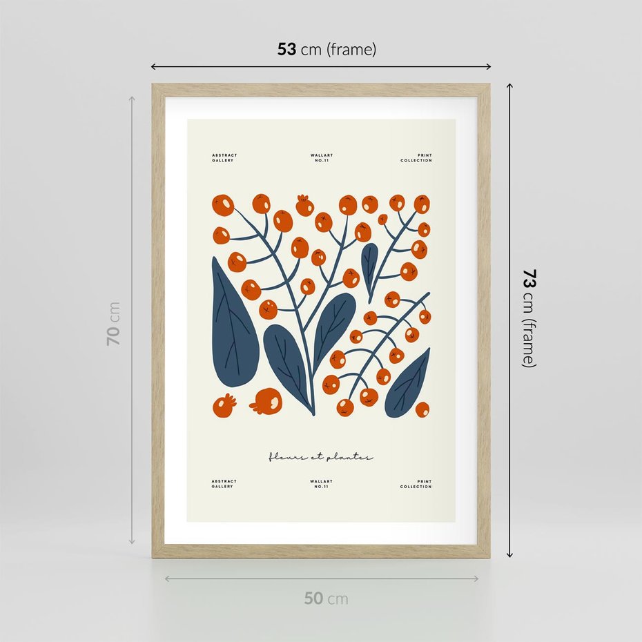 Plakat w ramie 50x70 - Minimalistyczna Uroda Jarzębin - jarzębiny, niebieskie liście - rama drewno
