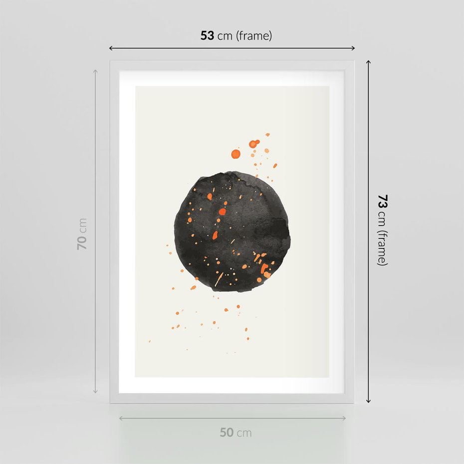 Plakat w ramie 50x70 - Wibracje Kolorów - abstrakcyjna czarna plama, rozsiane pomarańczowe kropki - rama biała