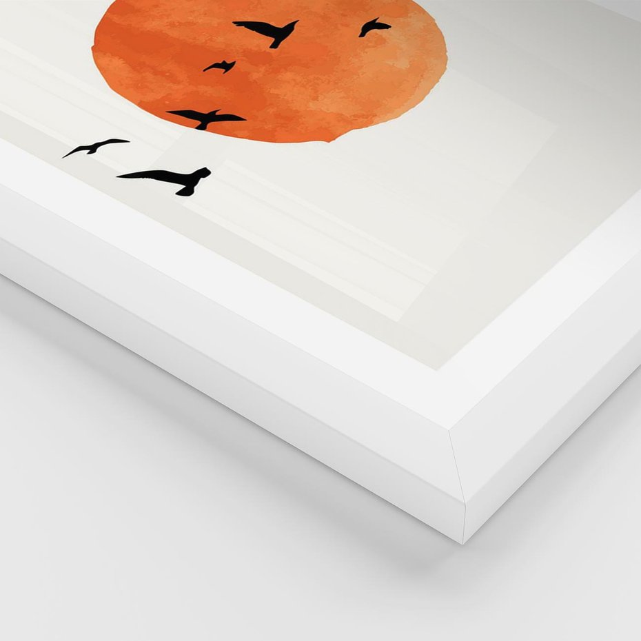 Plakat w ramie 50x70 - Zachód Słońca i Ptaki - grafika akwarela, czarne ptaki na tle zachodu słońca - rama biała