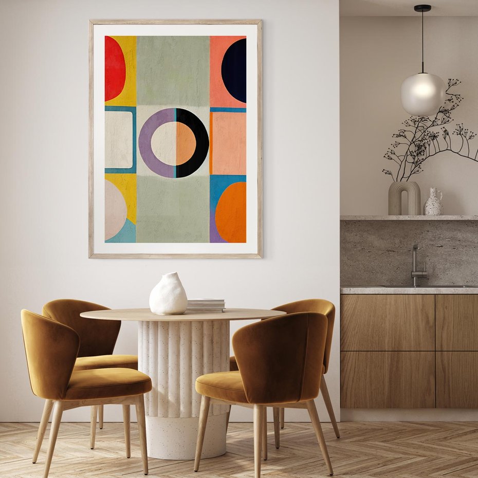 Plakat w ramie 30x40 - Taniec Kształtów Emocji - abstrakcyjne geometryczne kształty, olejny obraz - rama drewno