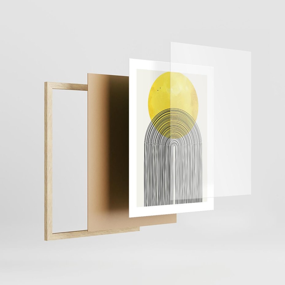 Plakat w ramie 30x40 - Słoneczne Odbicia - geometria, żółte koło - rama drewno