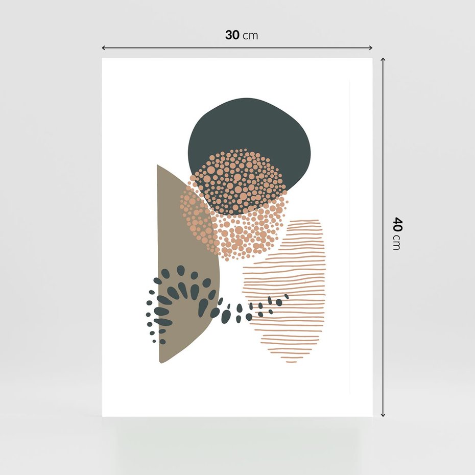Plakat bez ramy 30x40 - Harmonia Akwarelowych Przestrzeni - abstrakcyjna kompozycja z kropek kresek i kółek, odcienie brązu i beżu