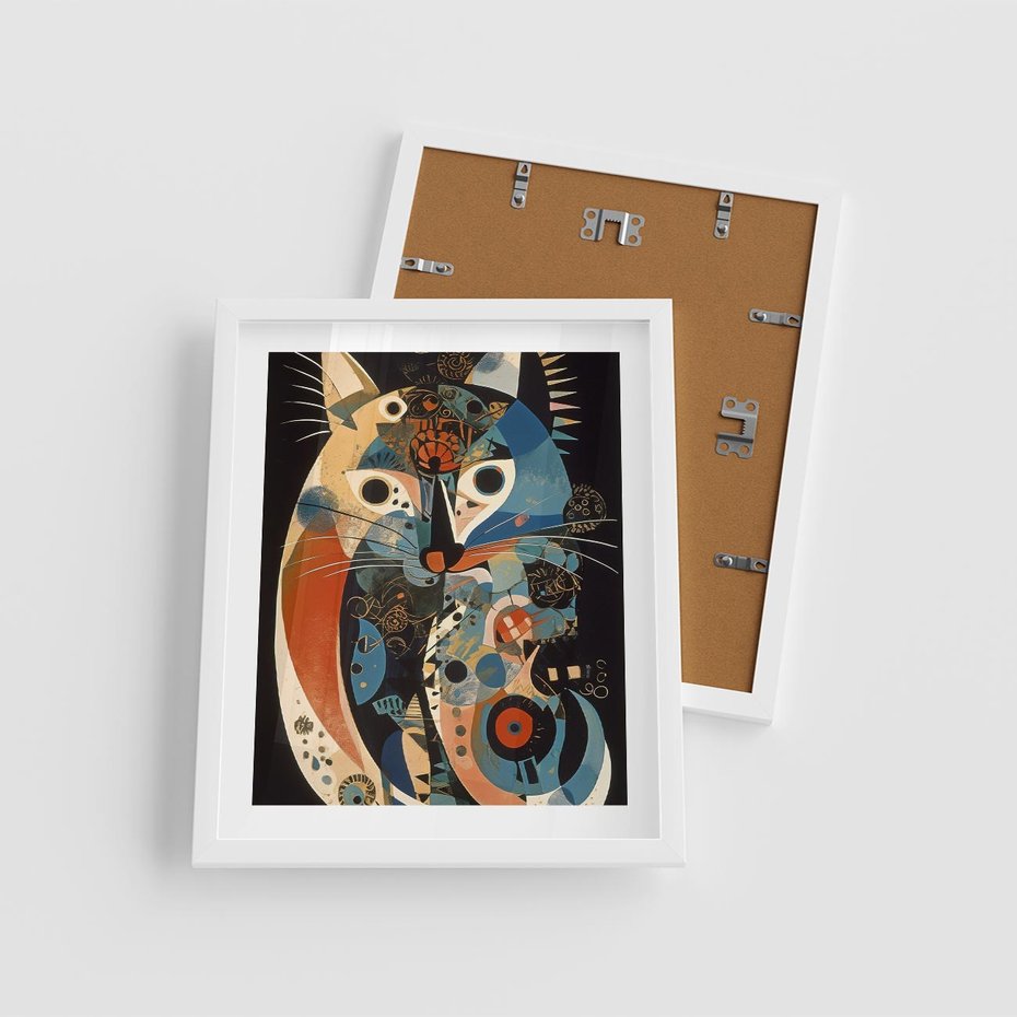 Plakat w ramie 40x50 - Księga Surrealnych Wymiarów - abstrakcyjny obraz olejny, kot - rama biała