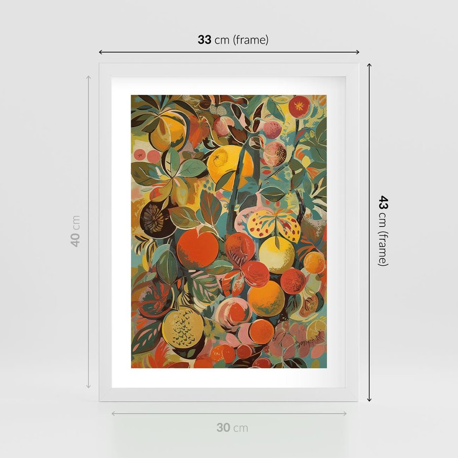 Plakat w ramie 30x40 - Księga Surrealnych Wyobrażeń - abstrakcyjny obraz owoców, jak picasso - rama biała