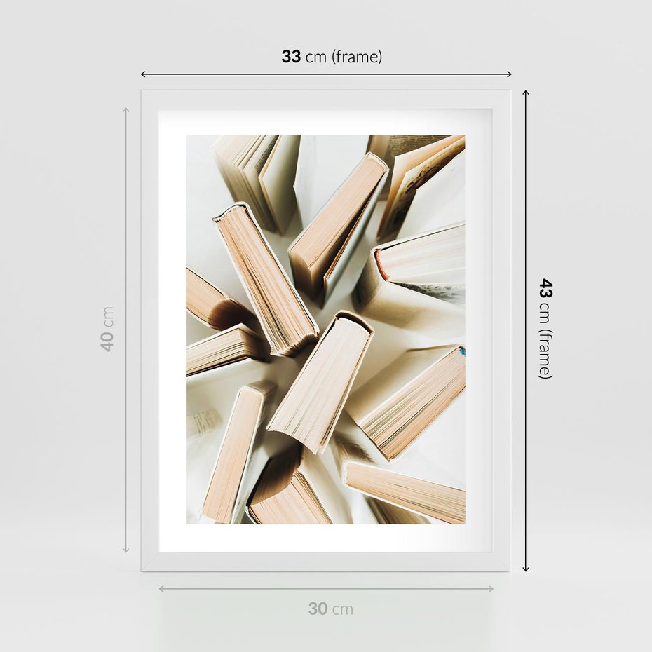 Plakat w ramie 30x40 - Odcienie Wiedzy - książki, ujęcie z góry - rama biała