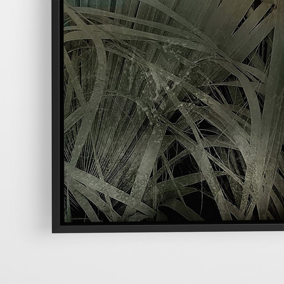 Obraz w ramie 50x70 - Światło w mroku duszy - liście traw, mroczny klimat - rama czarna