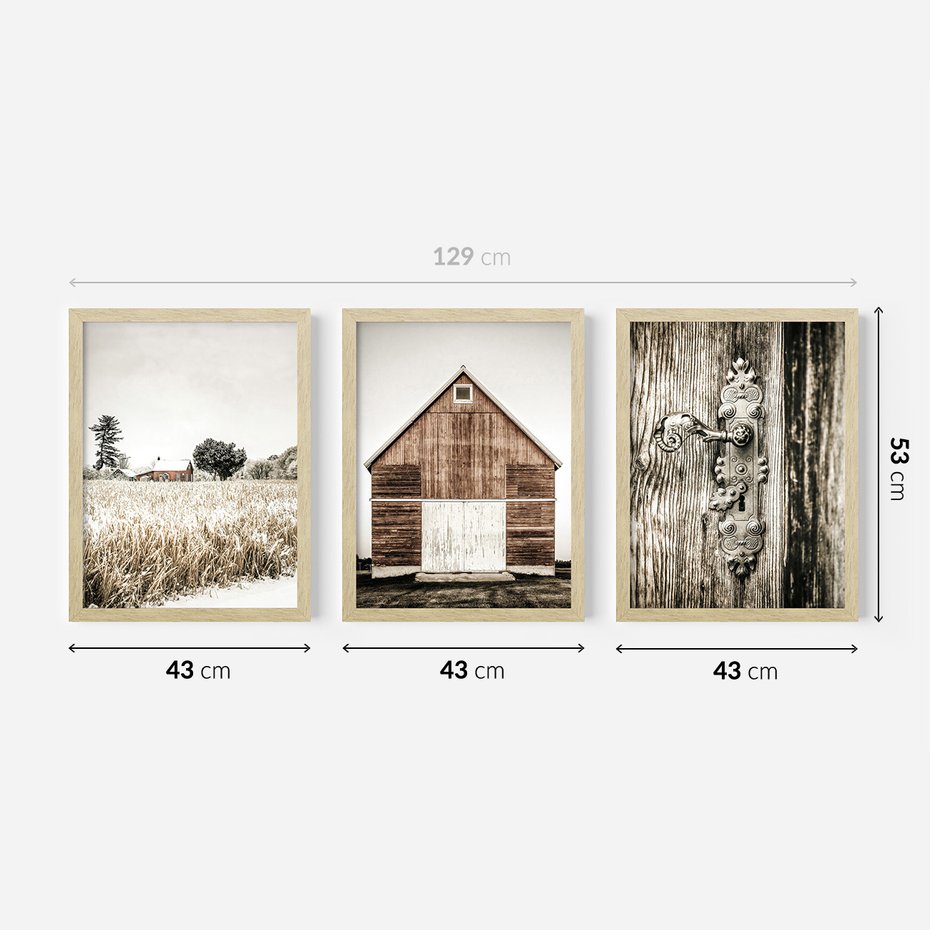 Zestaw obrazy w ramie 40x50 galeria - Rustykalny, tryptyk, klamka, kłódka, domek - rama drewno