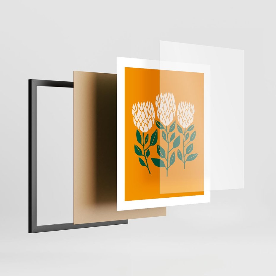 Plakat w ramie 40x50 - Kolorowe Impresje - abstrakcyjna kwiatowa kompozycja, żółte mocne tło - rama czarna