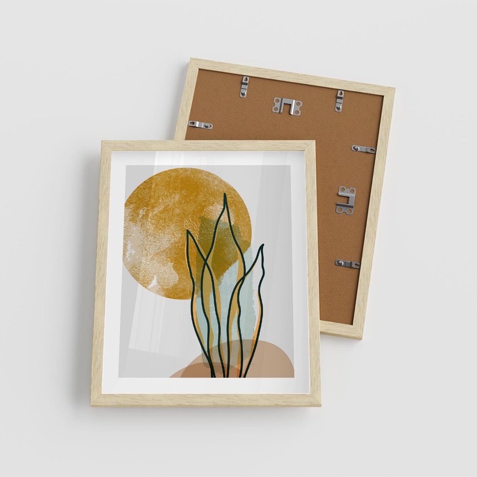 Plakat w ramie 40x50 - Światło Natury: Graficzne Liście i Złote Słońce - grafika, graficzne liście - rama drewno