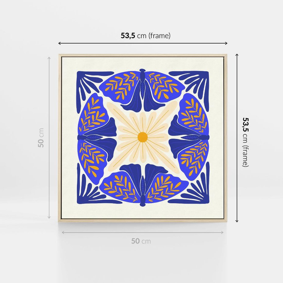 Obraz w ramie 50x50 - Księga Abstrakcji - abstrakcyjna boho kompozycja, granatowe ćmy - rama drewno