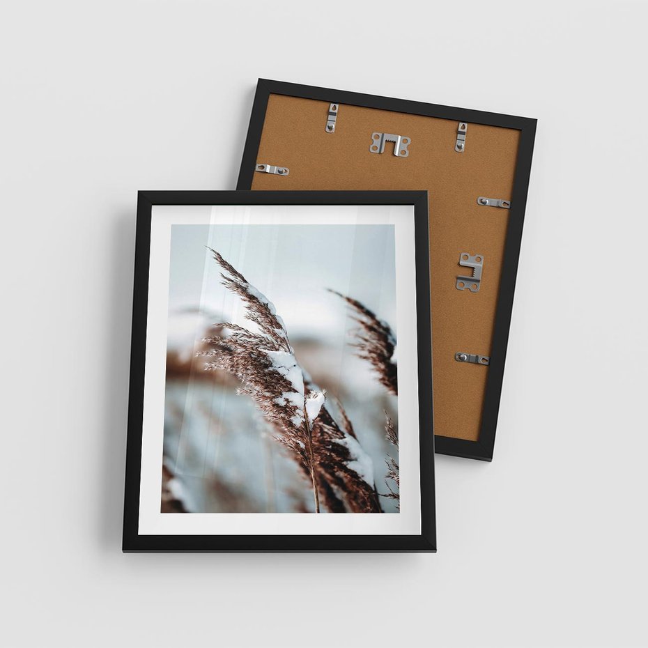 Plakat w ramie 40x50 - Zima na Suchych Trawach - suche trawy, śnieg wysokich na trawach - rama czarna