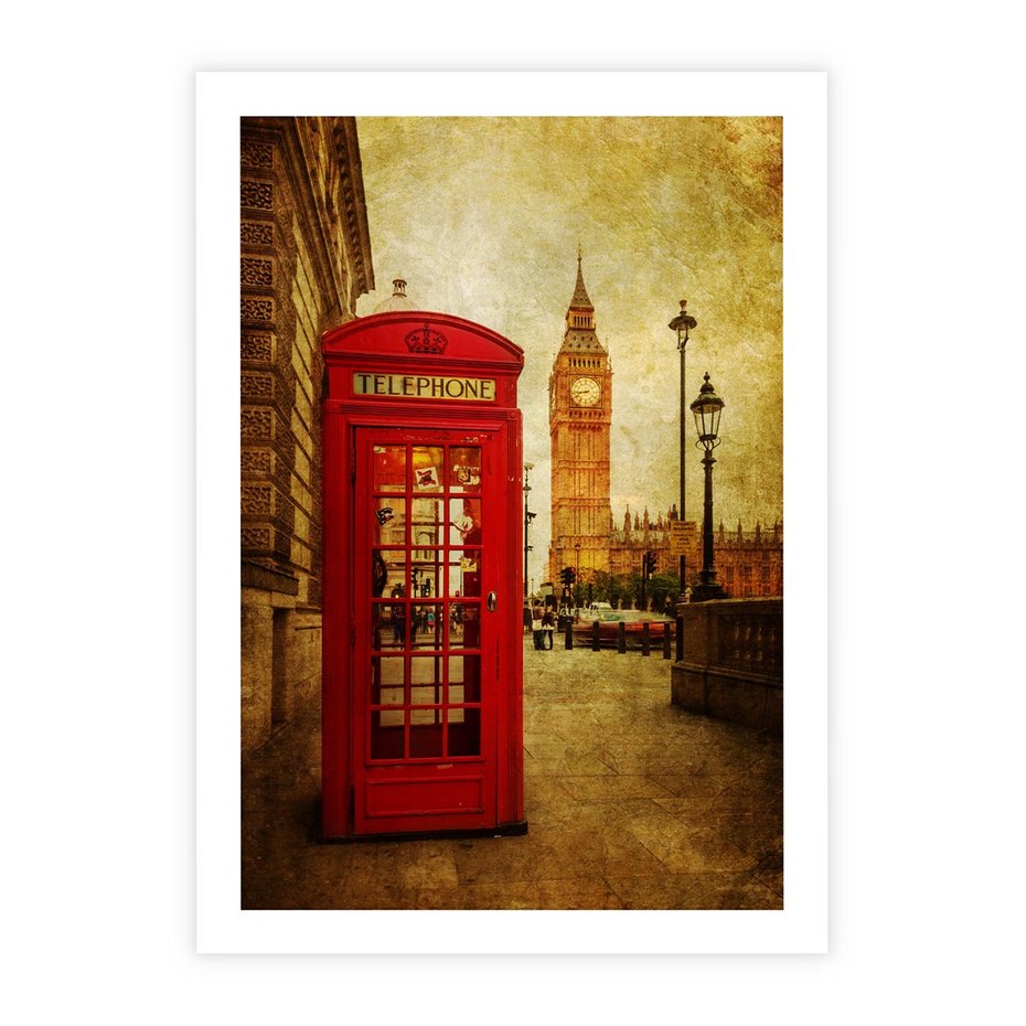 Plakat bez ramy 50x70 - Ikoniczna budka telefoniczna w Londynie - sepia, budka