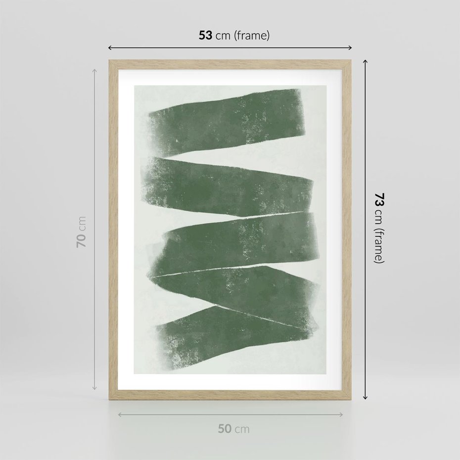 Plakat w ramie 50x70 - Zielone Refleksje - abstrakcja, zgaszony zielony kolor - rama drewno