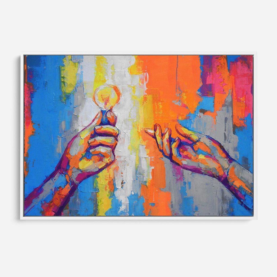 Obraz w ramie 120x80 - Refrakcje wewnętrznego światła - abstrakcyjne dzieło, dłoń trzyma żarówkę - rama biała