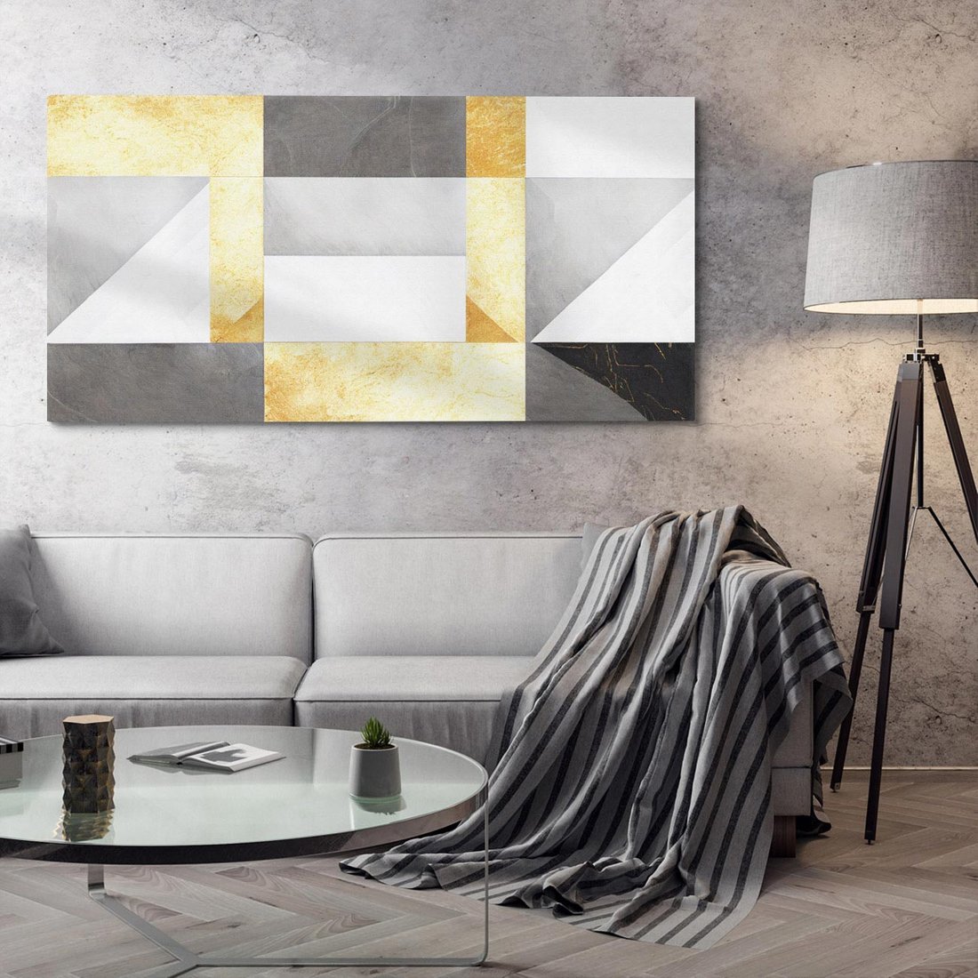 Obraz na płótnie 120x60 - Marmur w Geometrycznych Kształtach - geometryczne linie, złoto i szarość