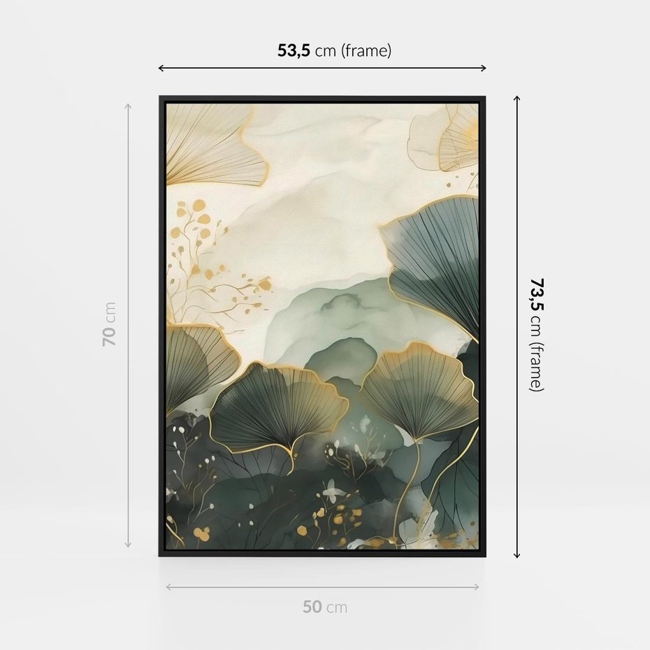Obraz w ramie 50x70 - Natura w Złotym Odcieniu - złote elementy, liście miłorzębu japońskiego - rama czarna