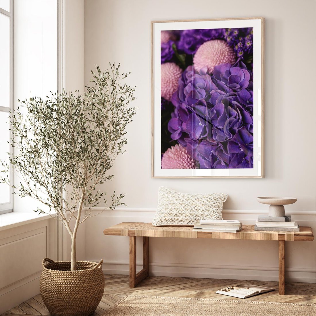 Plakat w ramie 50x70 - Fioletowa hortensja - kwiaty, hortensja - rama drewno