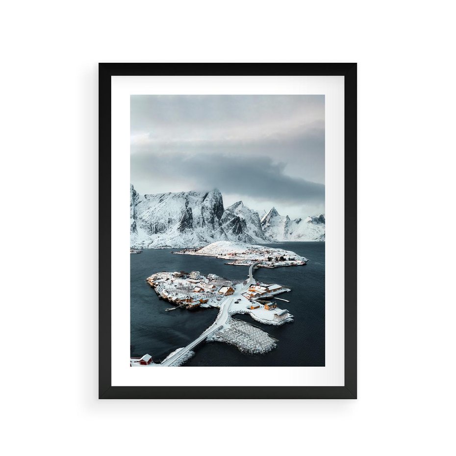 Plakat w ramie 30x40 - Ciepło i Urok Północy - skandynawskie, domki - rama czarna
