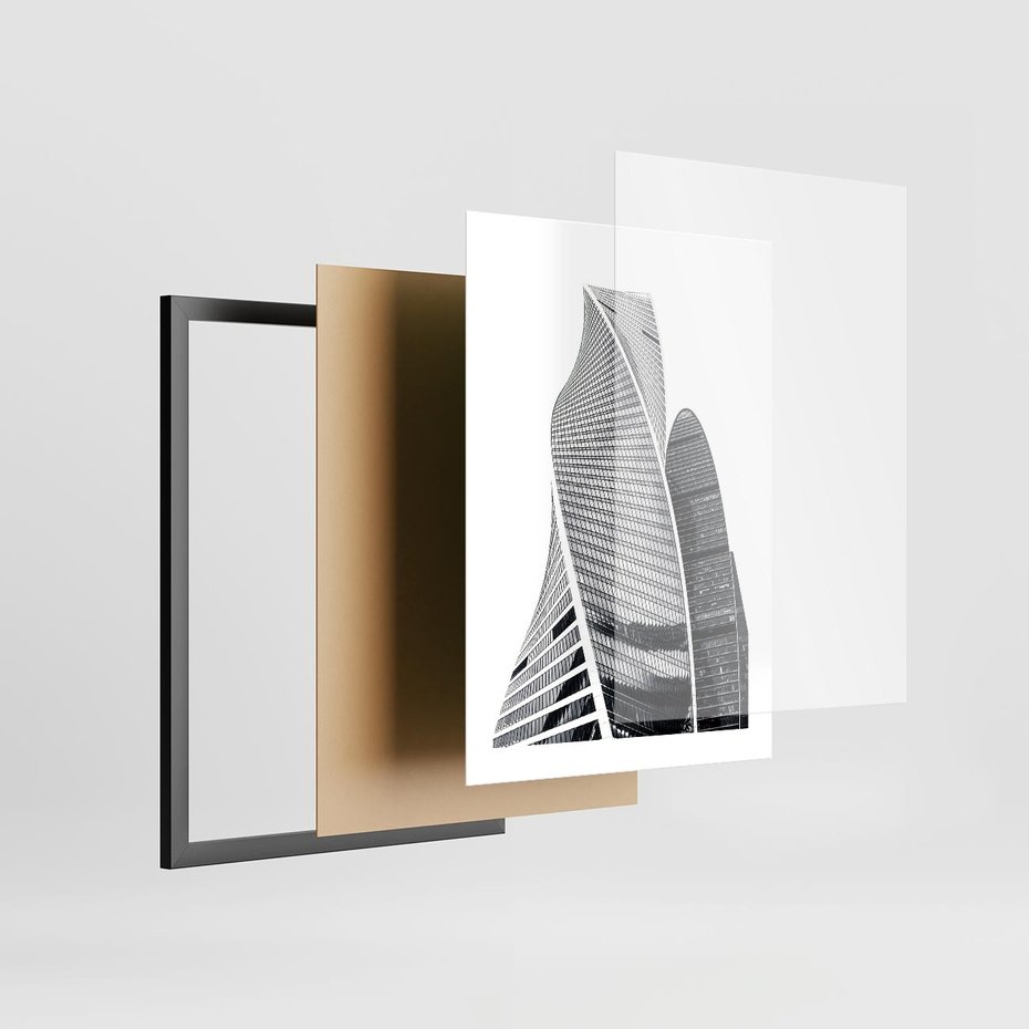Plakat w ramie 30x40 - Wieżowce z Falistymi Kształtami - nowoczesne wieżowce, czarno biała fotografia - rama czarna