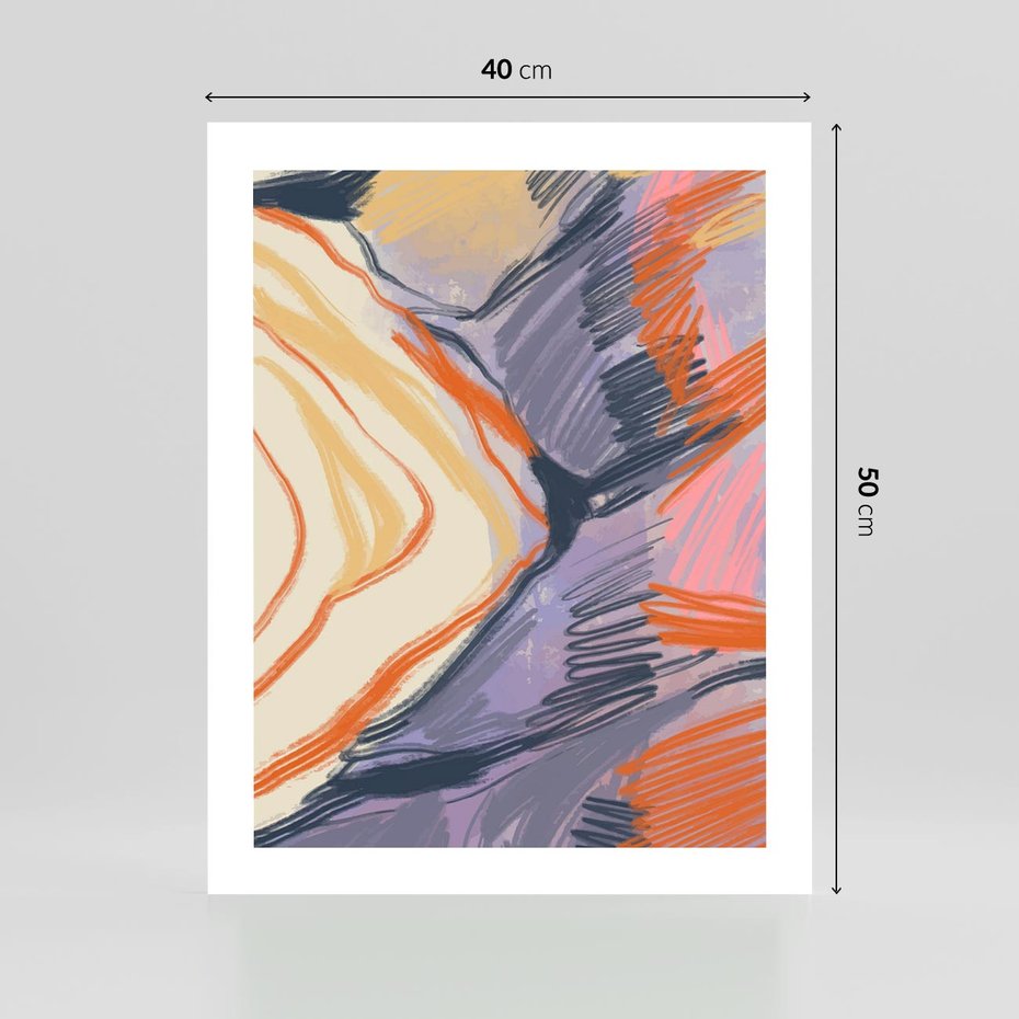 Plakat bez ramy 40x50 - Pokreślony Świat - abstrakcyjne formy, odcienie pomarańczu i fioletu