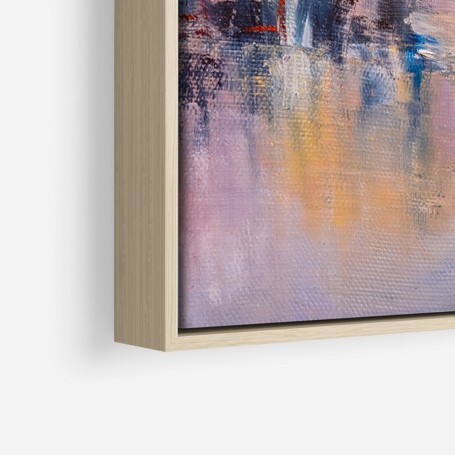 Obraz w ramie 50x70 - Miasto Refleksji - olejna panorama miasta w oddali, wiezowce odbijają się w rzece - rama drewno