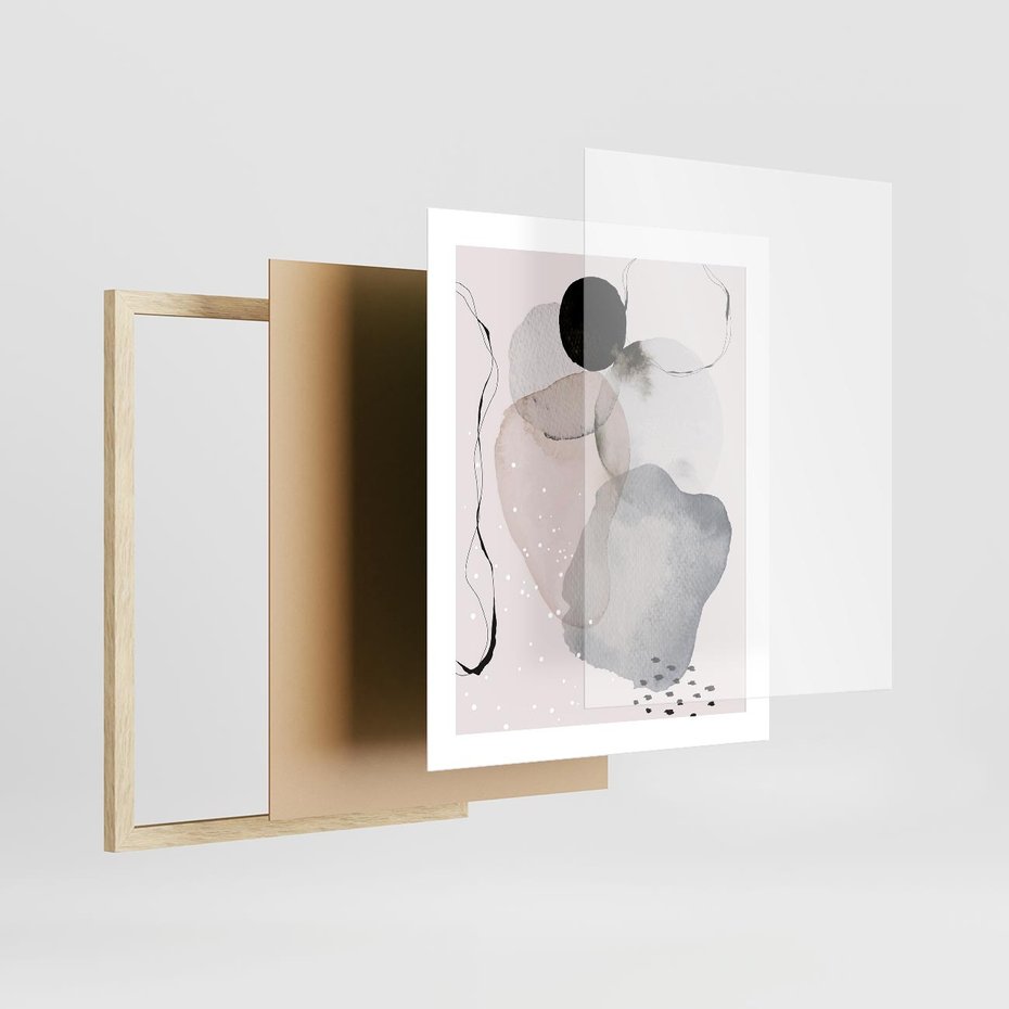 Plakat w ramie 40x50 - Migocące Barwy - abstrakcyjne plamy akwarelowe, czarny szkic - rama drewno