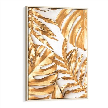 Obraz w ramie 80x120 - Monstera Złote Liście - monstera, złote - rama drewno