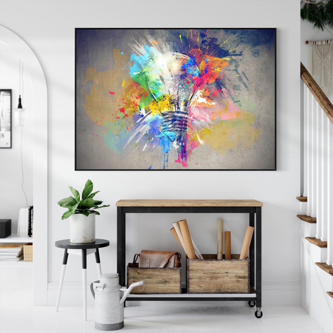 Obraz w ramie 100x70 - Kolory Kreatywnej Koncepcji - abstrakcyjna grafika, szkic żarówki - rama czarna