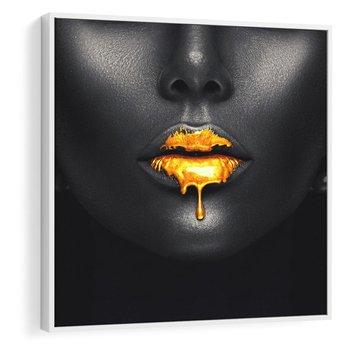 Obraz w ramie 50x50 - Złote Usta Kobiety - złote, usta - rama biała