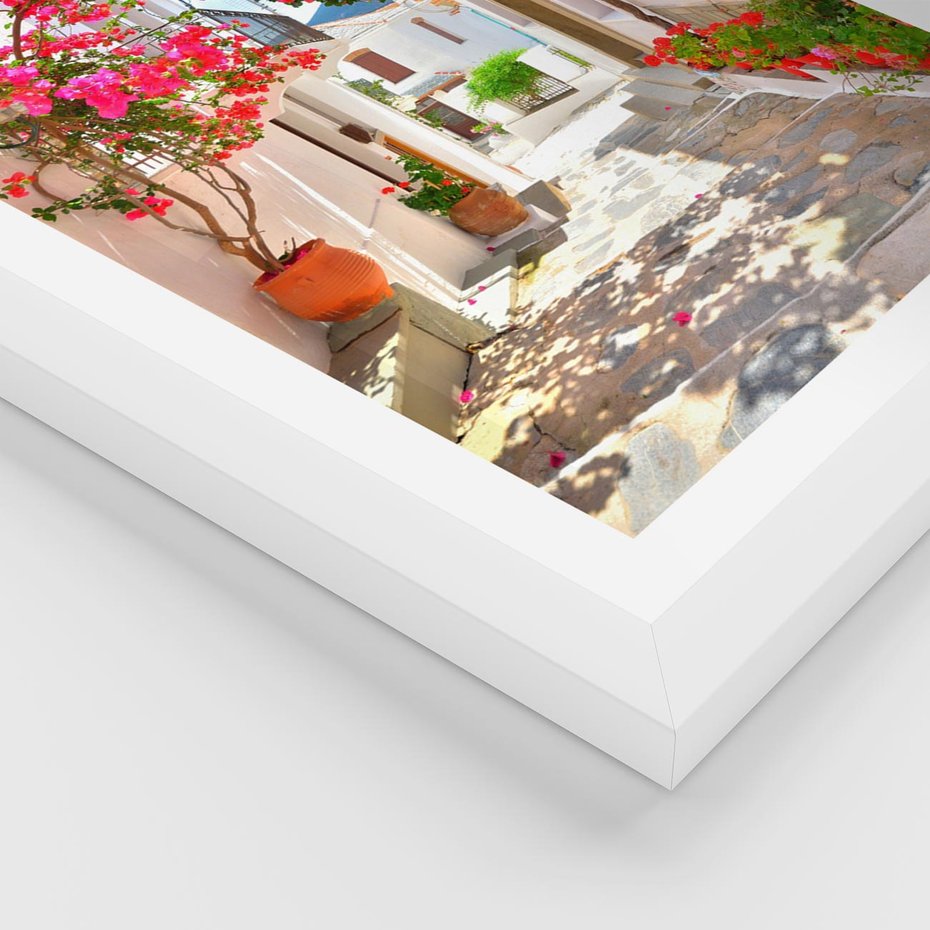 Plakat w ramie 50x70 - Kwiatowa uliczka wakacji - kwiaty, uliczka - rama biała